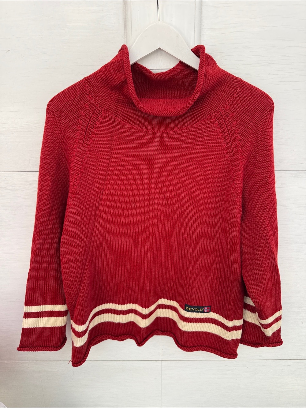 Vintage Devold Norway Red Wool Stripe Hem Sweater